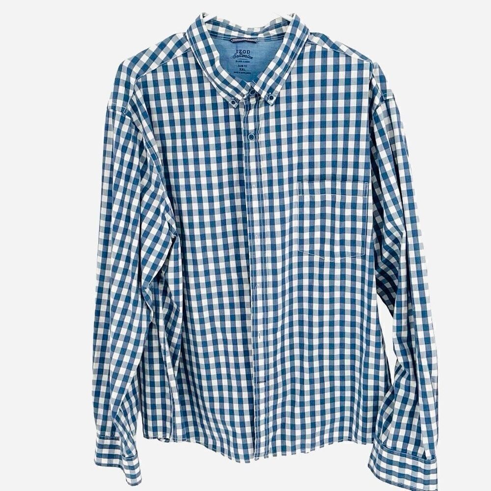 IZOD Saltwater Mens‎ Gingham Relaxed Classic Slim Fit Button Down Shirt Blue XXL